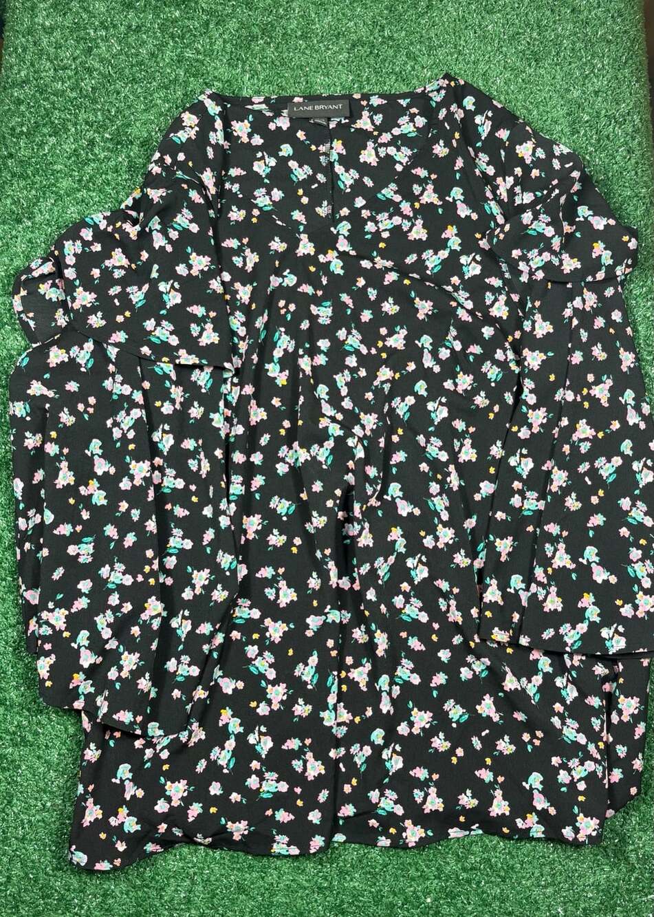 Lane Bryant Floral Ruffle Sleeve Blouse Black